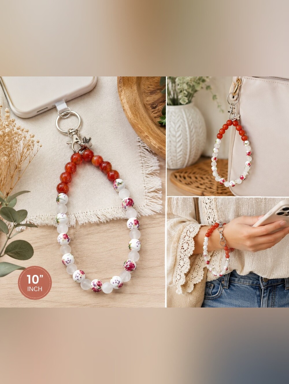 Handmade Beaded Wrist Phone Lanyard Floral Ceramic & Red Agate Style Keychain